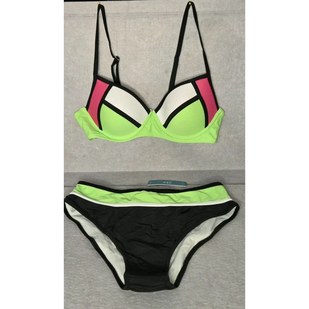 CUPSHE Colorblock Bikini Swim Sz S Womens Lime Green,Pink,Blk Padded Two Pc NWT